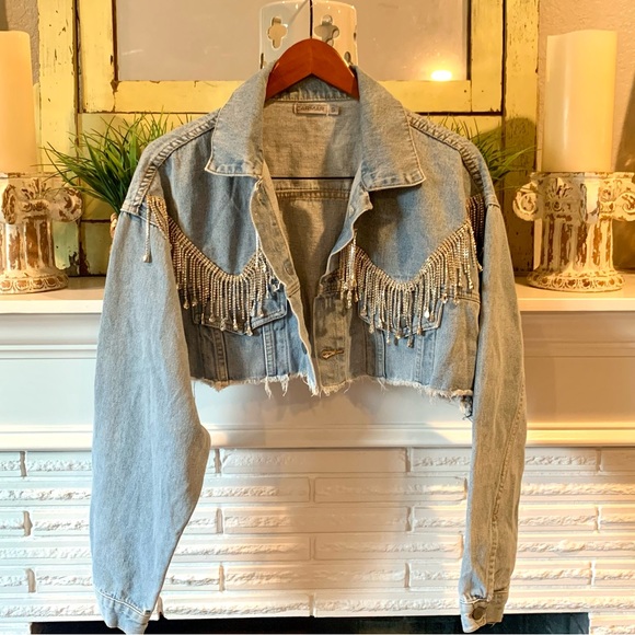 Carmar Jackets & Blazers - CARMAR Light Wash Denim Cut Off Jacket Diamond Jeweled Tassels Festival Small